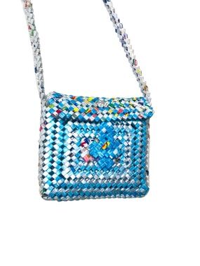 Recycled Magazine Woven Crossbody Bag Handmade Blue Eco Upcycled Purse